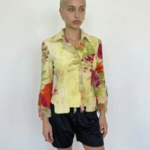 Vintage Italian Designer Floral Jacket Linen Cotton Silk Mesh Insert (S)